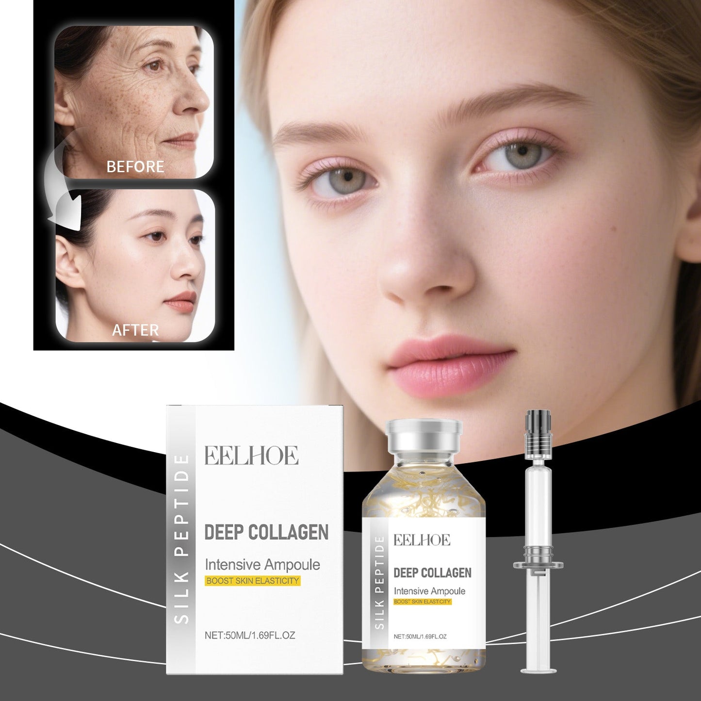 Deep collagen intensive ampoule set: box, amber bottle, silver-capped dropper (50ml)