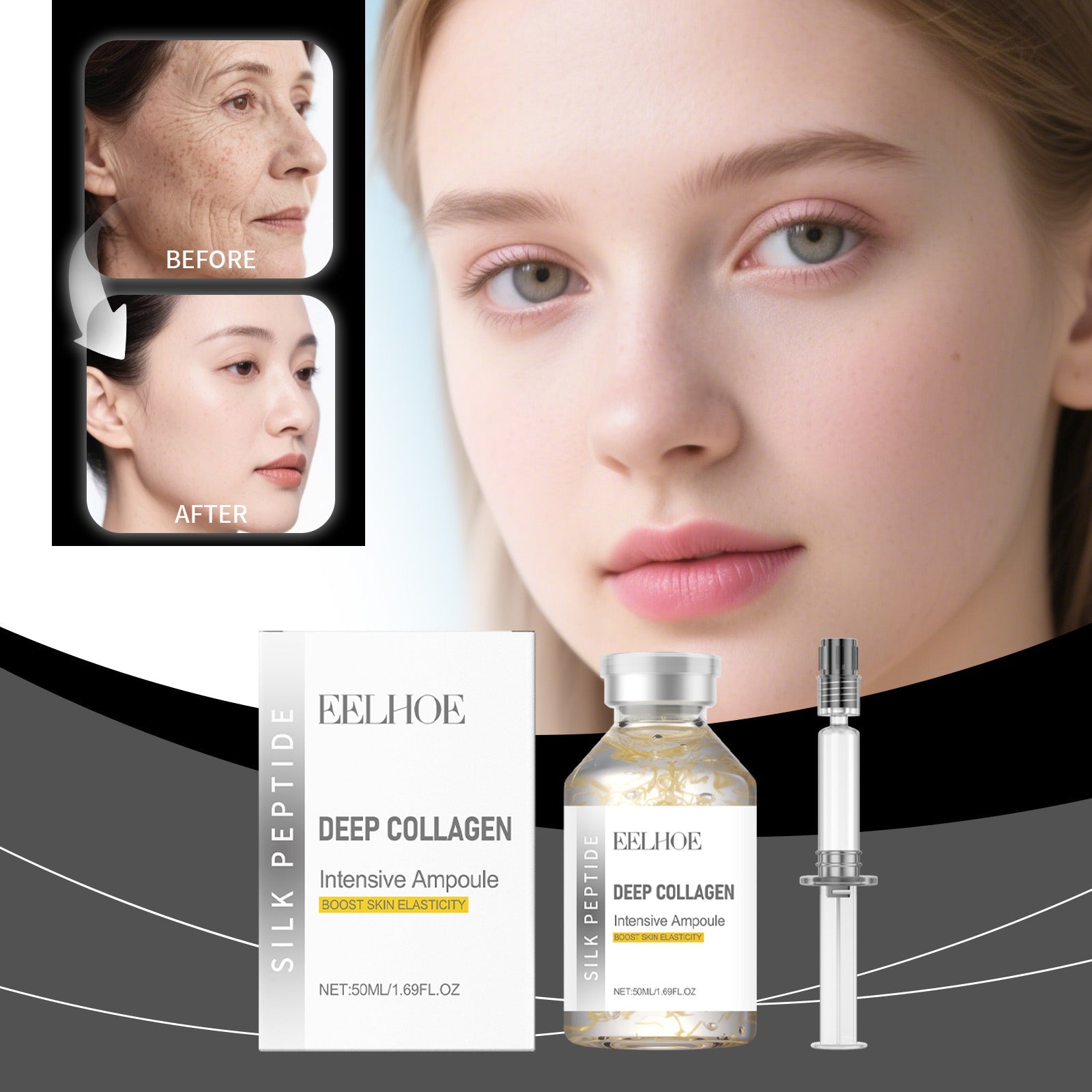 Deep collagen intensive ampoule set: box, amber bottle, silver-capped dropper (50ml)