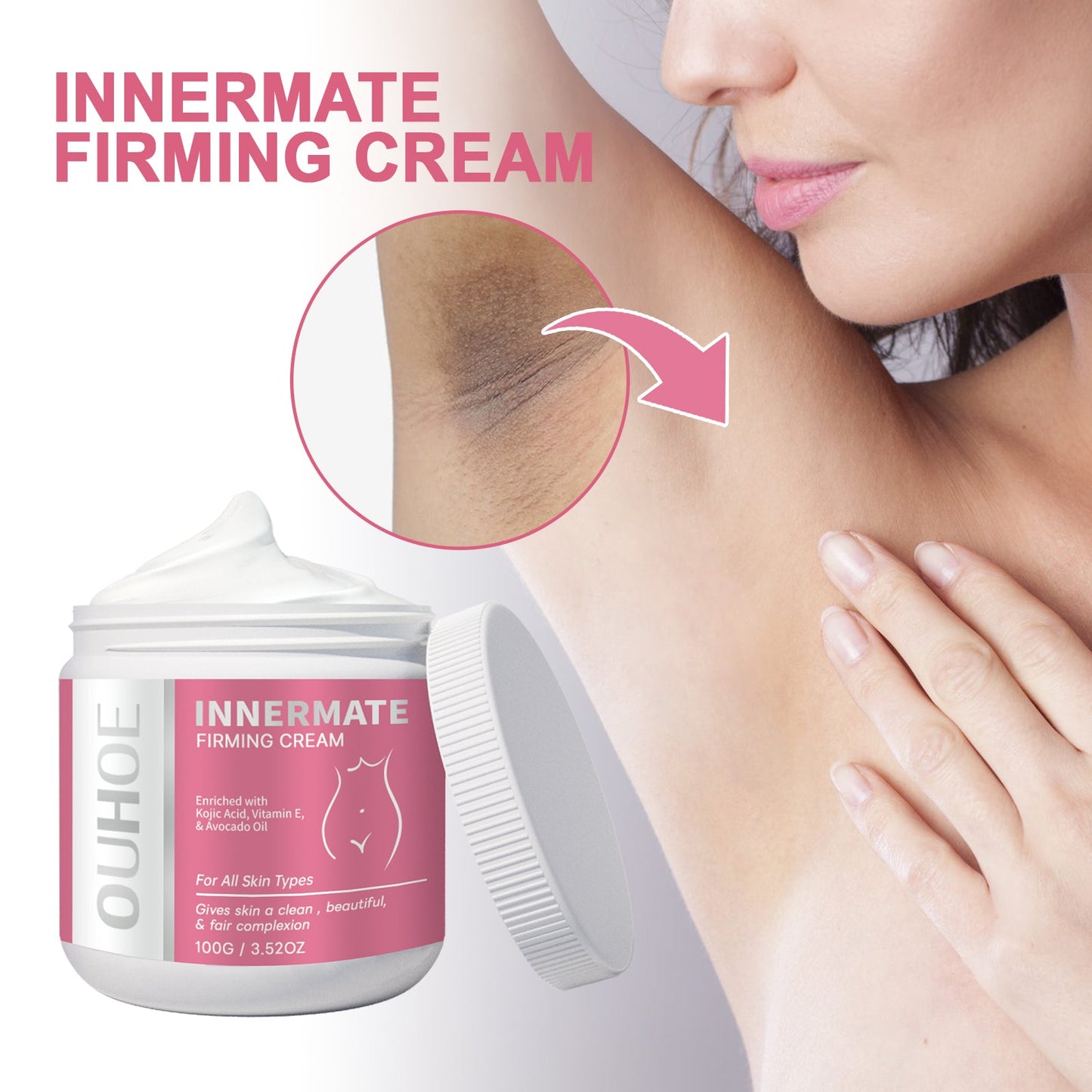 Brightening cream jar with pink label next to model applying cream on upper arm