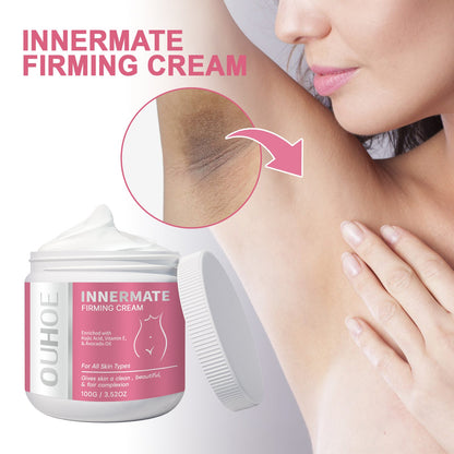 Brightening cream jar with pink label next to model applying cream on upper arm