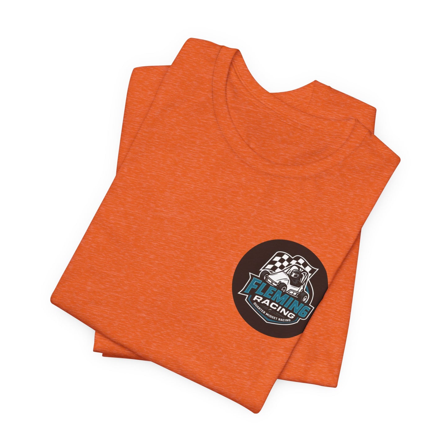 Orange heather racing logo T-shirt set with Fleming Racing circle emblem