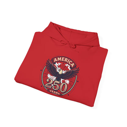 Red hoodie with chest graphic showing eagle and circular "AMERICA 250 YEARS" art