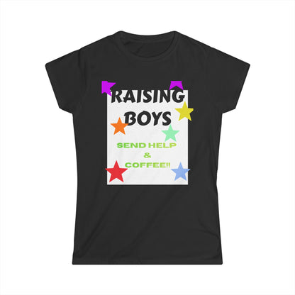 Black T-shirt with colorful “RAISING BOYS” graphic, stars, and text “SEND HELP & COFFEE”.