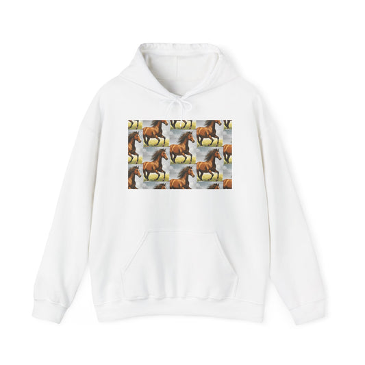 White horse-pattern hoodie with front pouch and drawstring hood