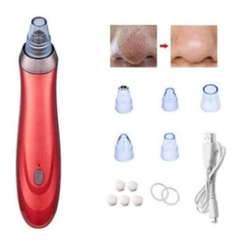 Red electric blackhead remover with multiple clear nozzle heads and accessories.