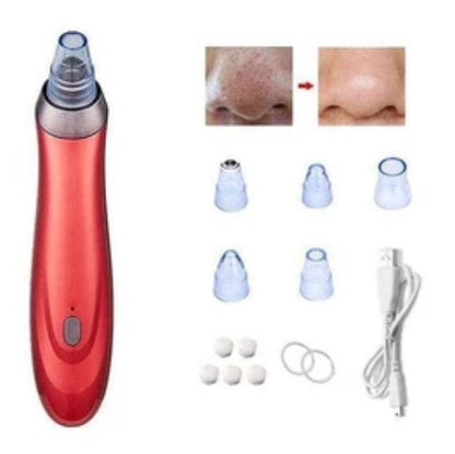 Red electric blackhead remover with multiple clear nozzle heads and accessories.