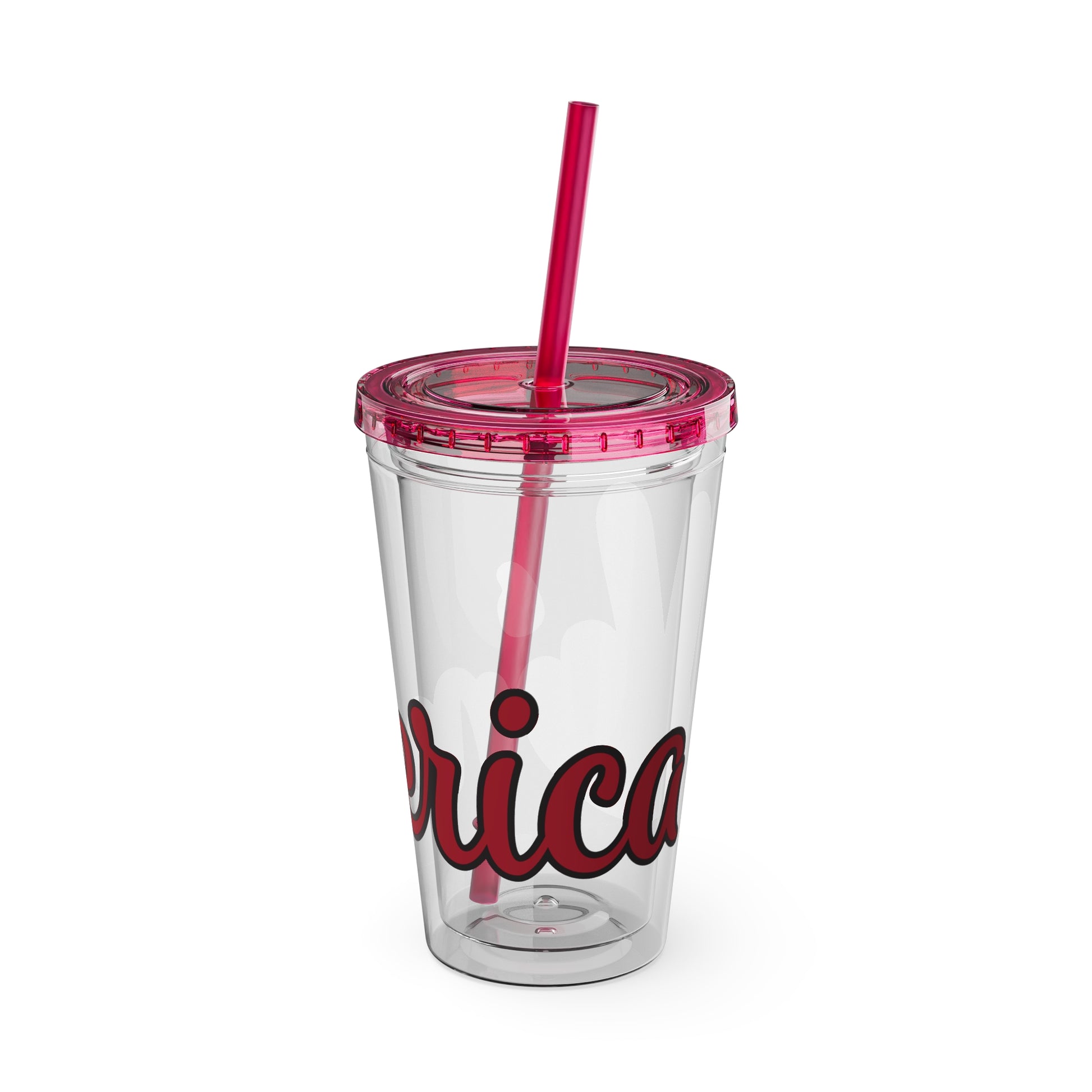 16oz peace sign tumbler, clear with red lid and straw, red-and-blue peace icon