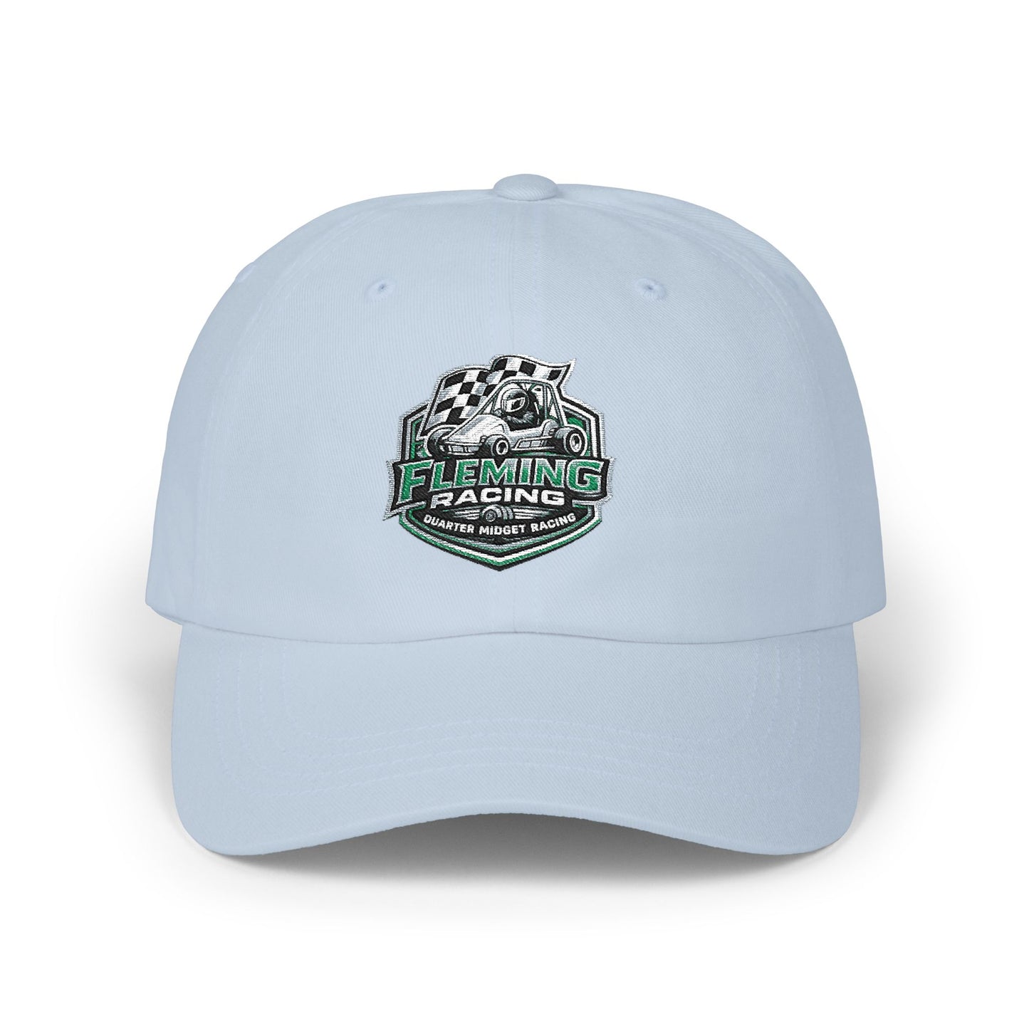 Light blue soccer crest dad cap with Fleming Racing logo on front