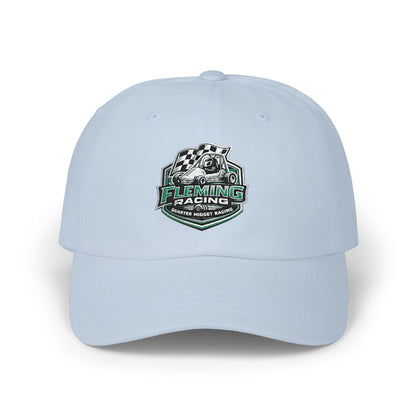 Light blue soccer crest dad cap with Fleming Racing logo on front