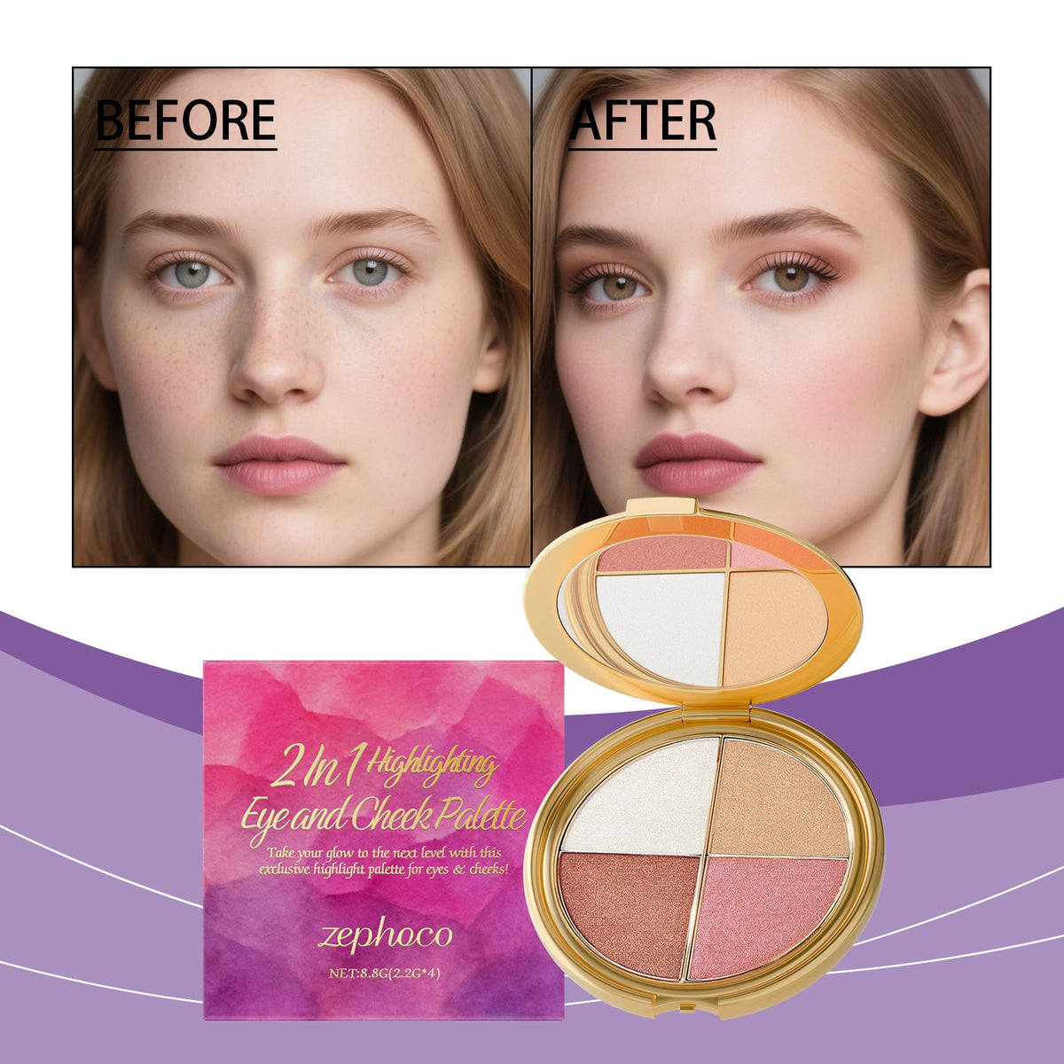 Gold compact palette with four pans: cream, beige, peach, rose-pink, open for viewing