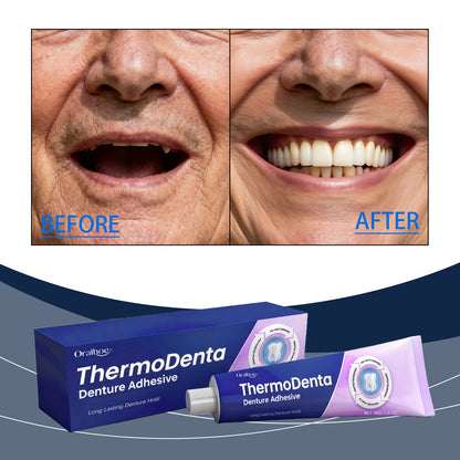 ThermoDenta denture adhesive box and tube, long-lasting hold, purple and blue