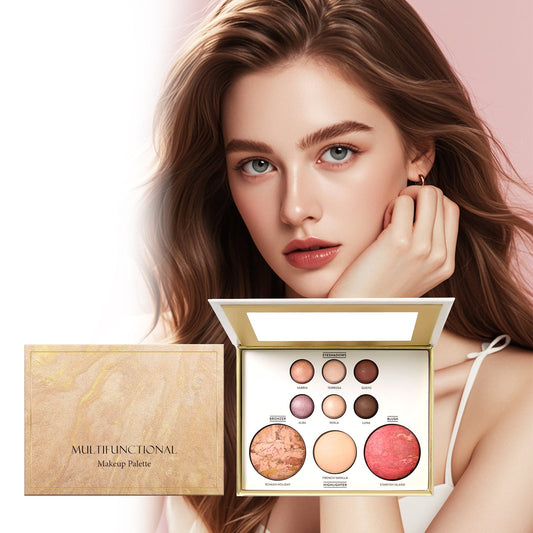 Gold multi-functional makeup palette with mirror open and compact lid beside it