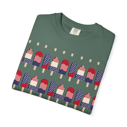Dark green T-shirt with front graphic of American flag popsicles on a row.