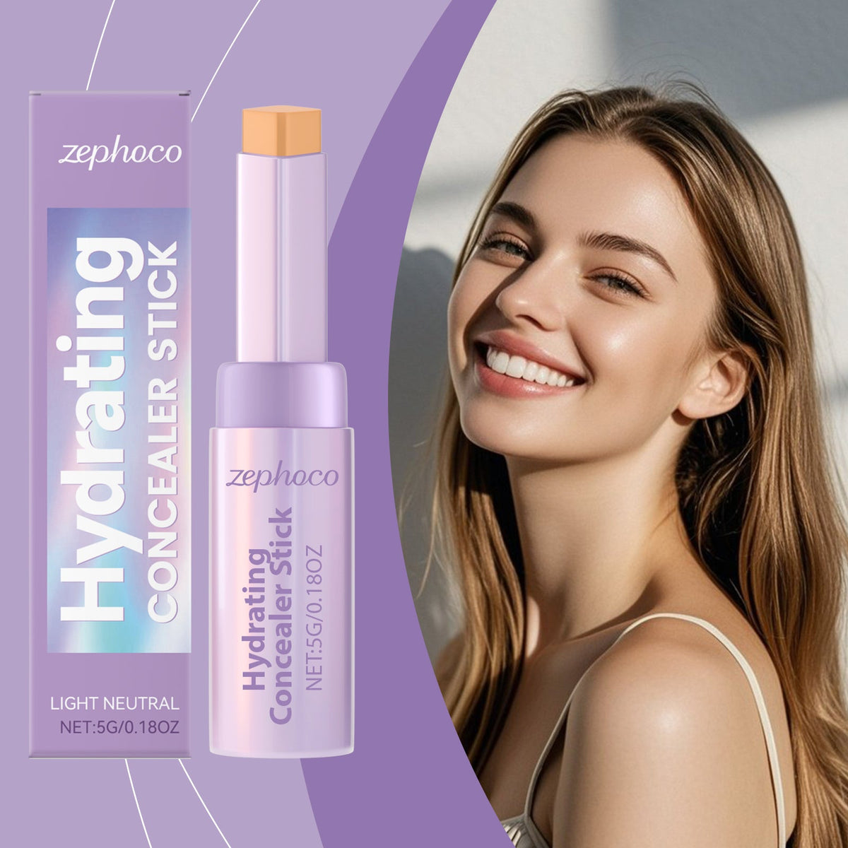 Zephco hydrating concealer stick in light neutral shade, lavender tube with orange cap