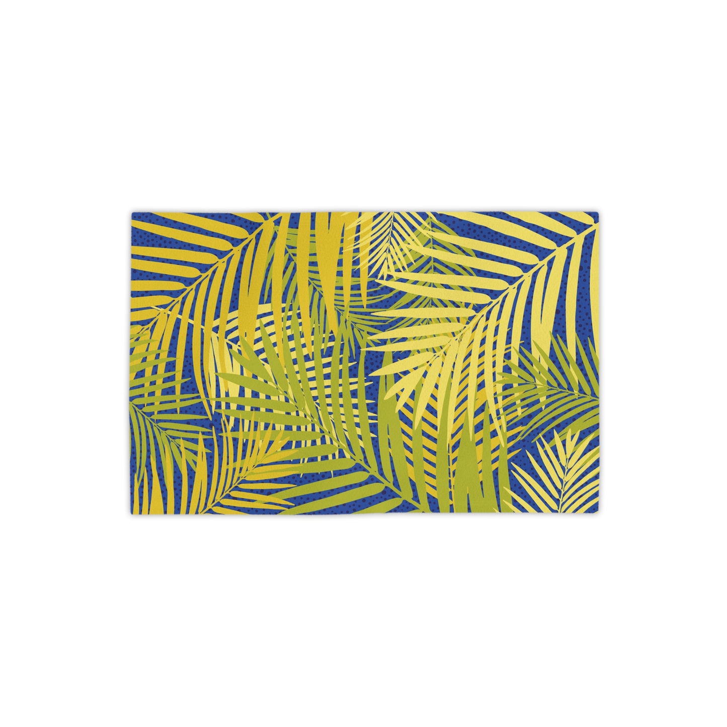 Beach towel with yellow base and blue tropical palm leaf pattern, horizontal view