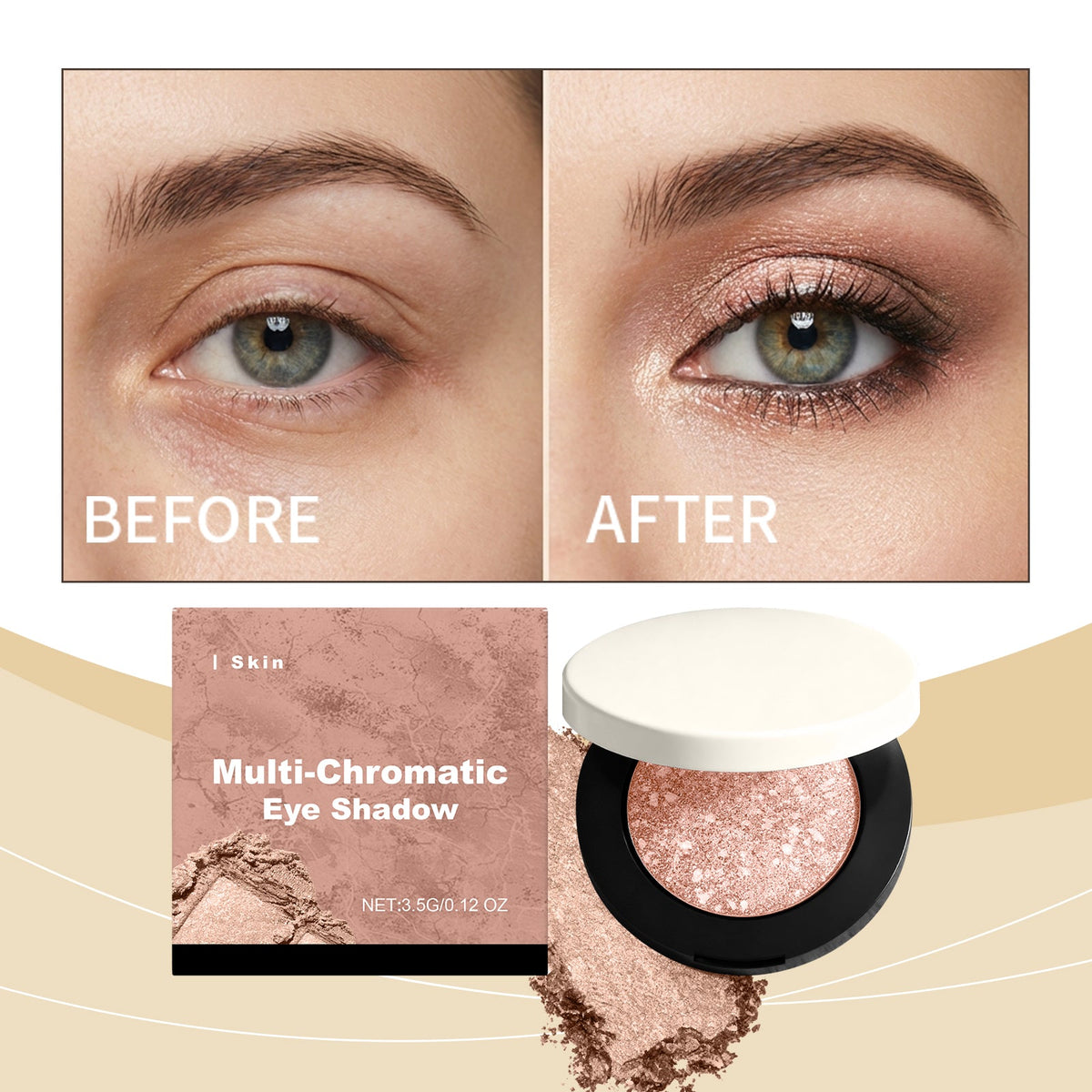 Rose-gold multi-chromatic eye shadow compact with black rim and white lid
