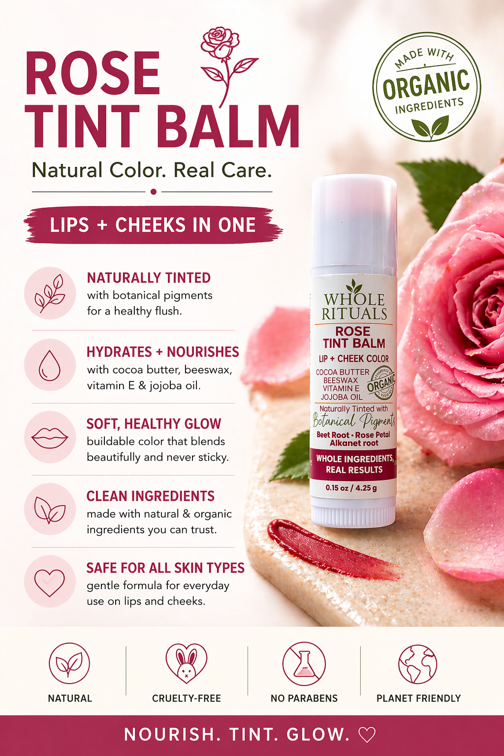 Rose tint balm tube with “Lips + Cheeks in One” infographic and rose illustrations