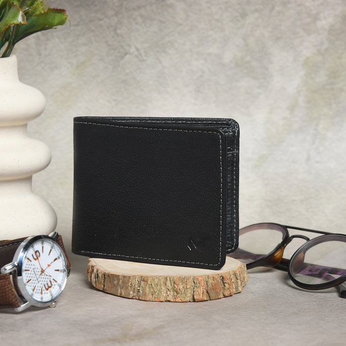 Black leather wallet with stitched edges and smooth front panel