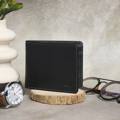 Black leather wallet with stitched edges and smooth front panel