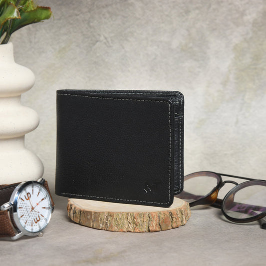 Black leather wallet with stitched edges and smooth front panel