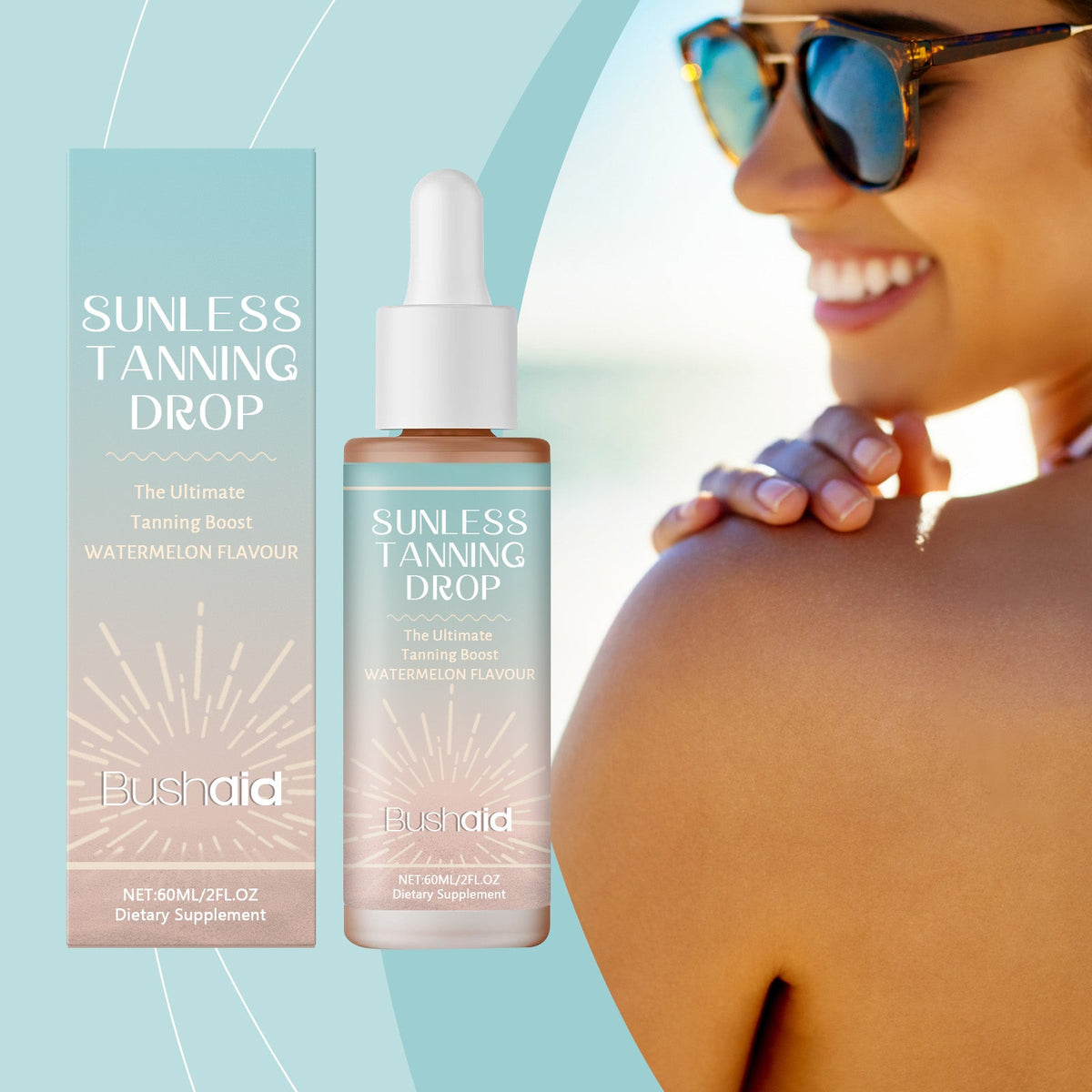Sunless tanning drop oral bottle and box near smiling woman wearing sunglasses