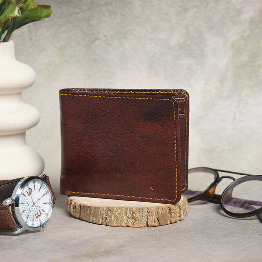 Ryan Classic bi-fold wallet, brown leather with contrast yellow edge stitching.