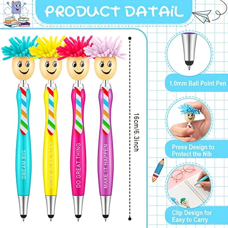 2PCS/5PCS Mop Pen Screen Cleaning Pen With Motivational Quotes 3 In 1 Stylus Dusting Pen For Kids And Unisex Ink Rollerball Pen School Office Motivational Stylus,Line Point 0.1cm/0.03in, Black Refill - Renee Lane Company