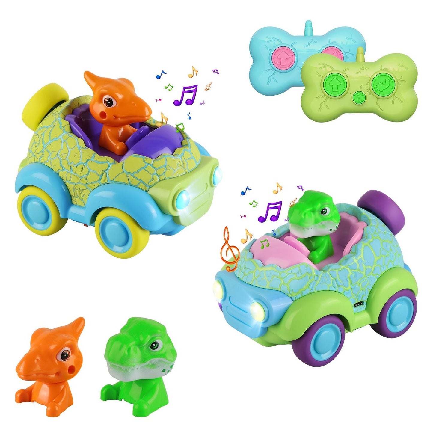 2Pack Dinosaur Remote Control Cars for Toddlers Rechargeable RC Cars with Light Music Birthday Gift For Boys Girls Aged 3 4 5 6 Years Old - Renee Lane Company