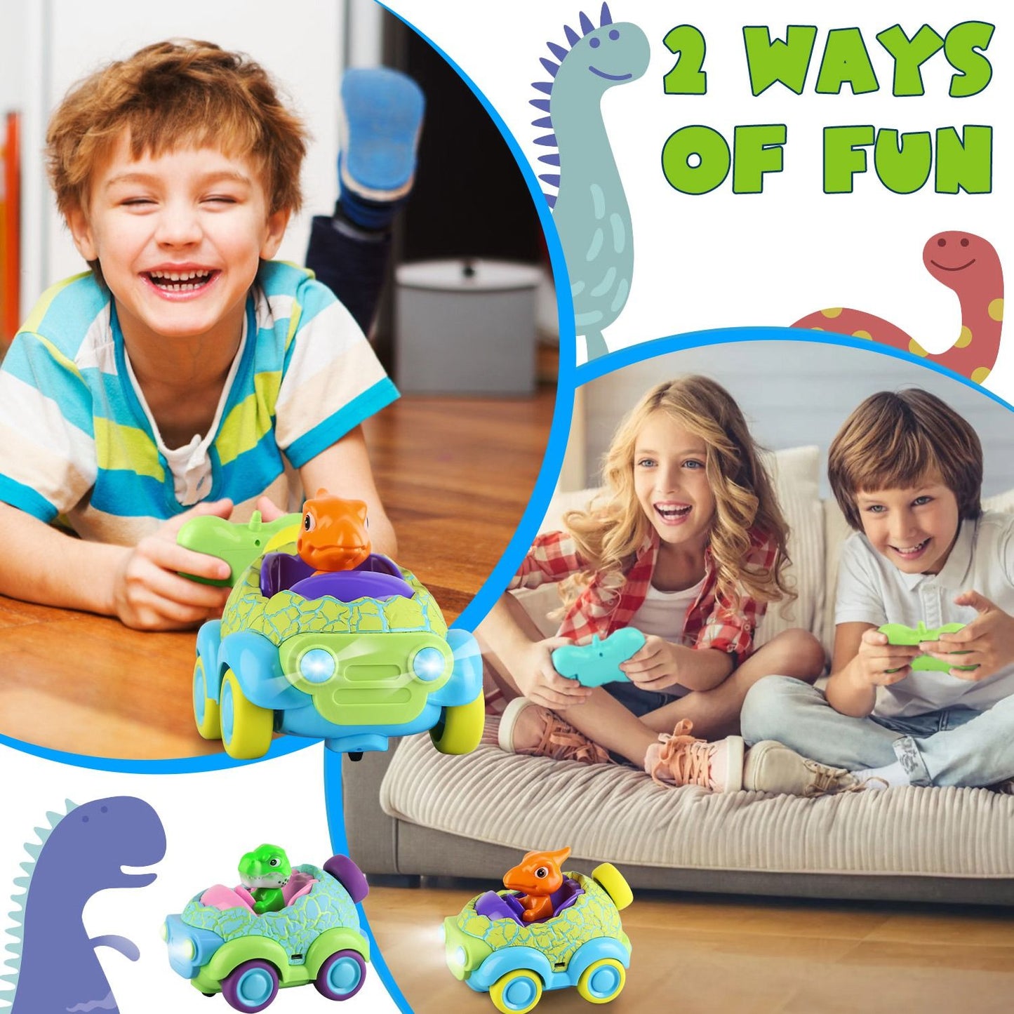 2Pack Dinosaur Remote Control Cars for Toddlers Rechargeable RC Cars with Light Music Birthday Gift For Boys Girls Aged 3 4 5 6 Years Old - Renee Lane Company
