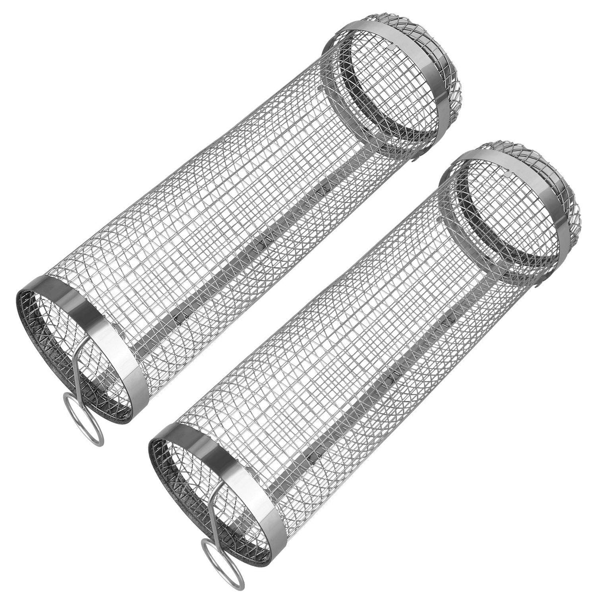 Stainless steel cylindrical grill basket with mesh grid and two round end caps