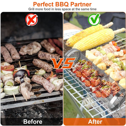 Dual cylindrical mesh grill baskets on barbecue, holding grilled meat and vegetables