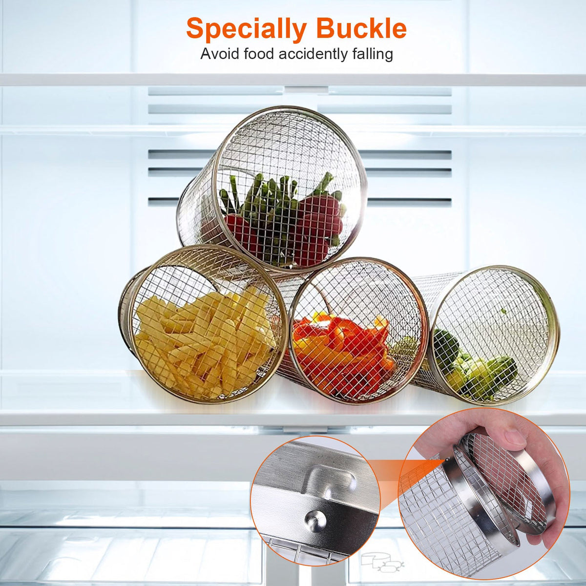 Mesh grill basket set with removable round covers and buckle to secure food