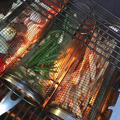 Stainless steel mesh grill basket over open flames