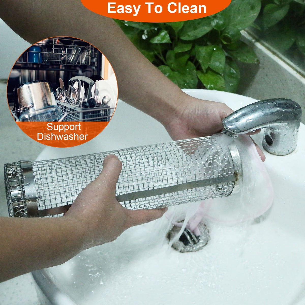 Stainless steel grill basket being washed in a sink