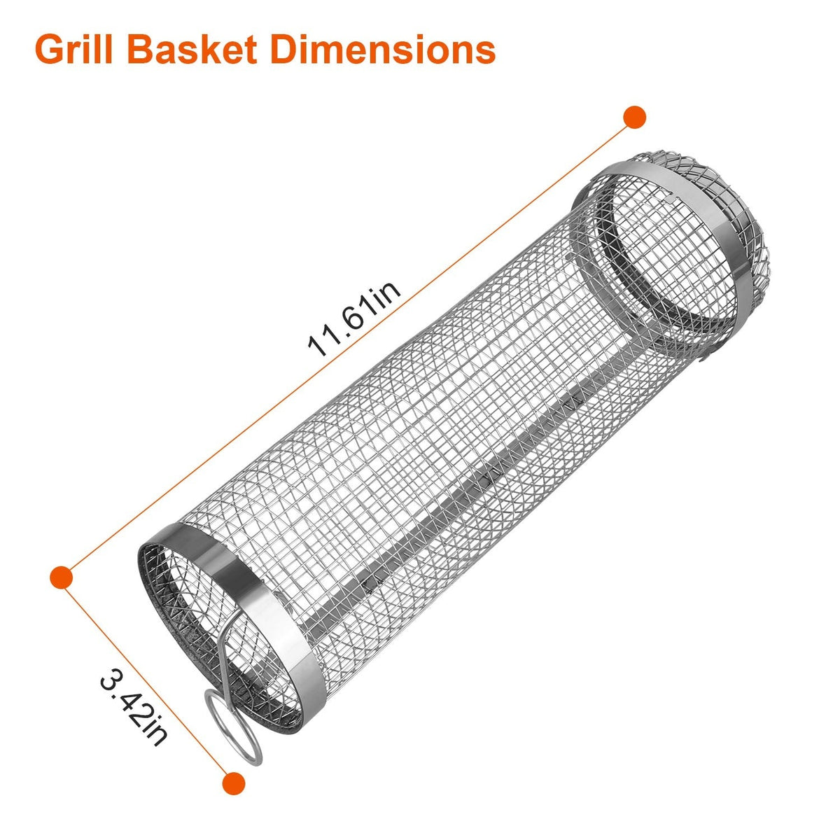 Cylindrical mesh grill basket with two ring handles, length and width diagram