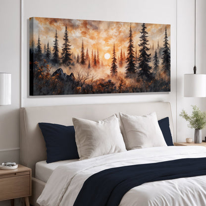 Pine forest sunset wall canvas with dark mountains, leafless trees, and a glowing moon.