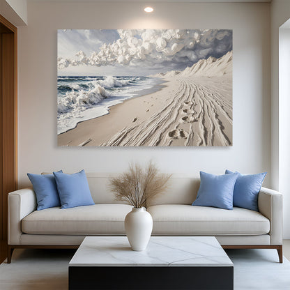Sand beach wall art canvas with wavy shoreline and footprints