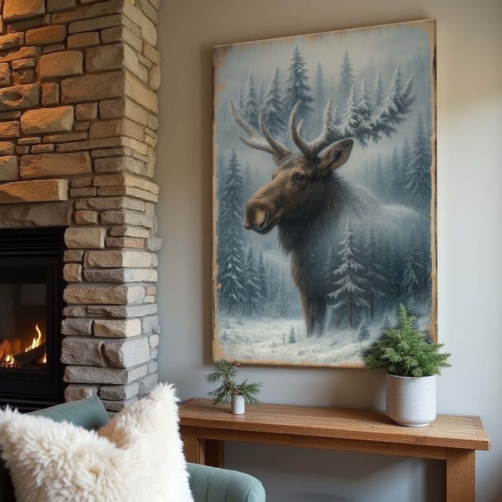 Moose double-exposure wall art canvas with blue pine trees, small ground greenery at bottom