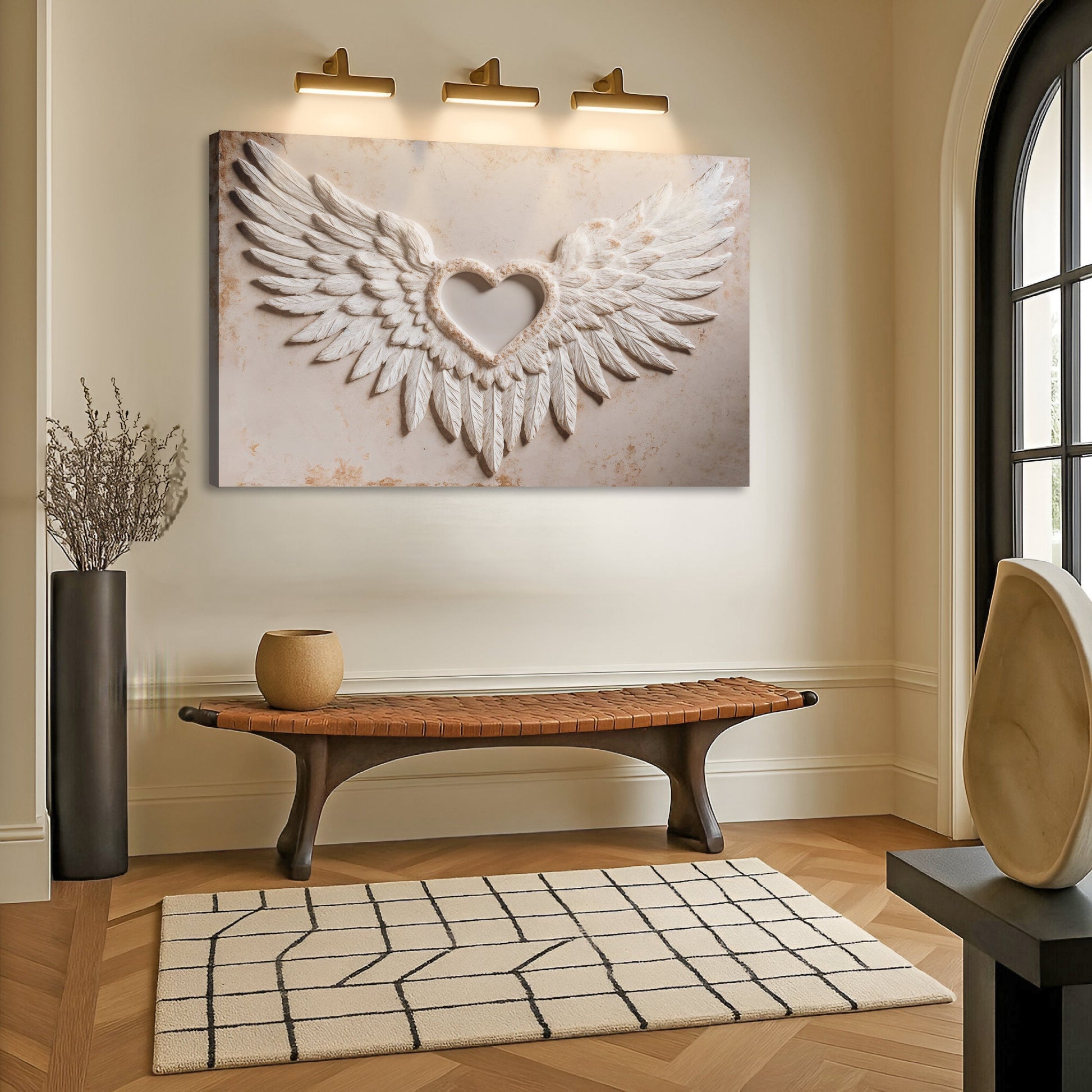 Abstract wall art canvas with white angel wings and heart detail