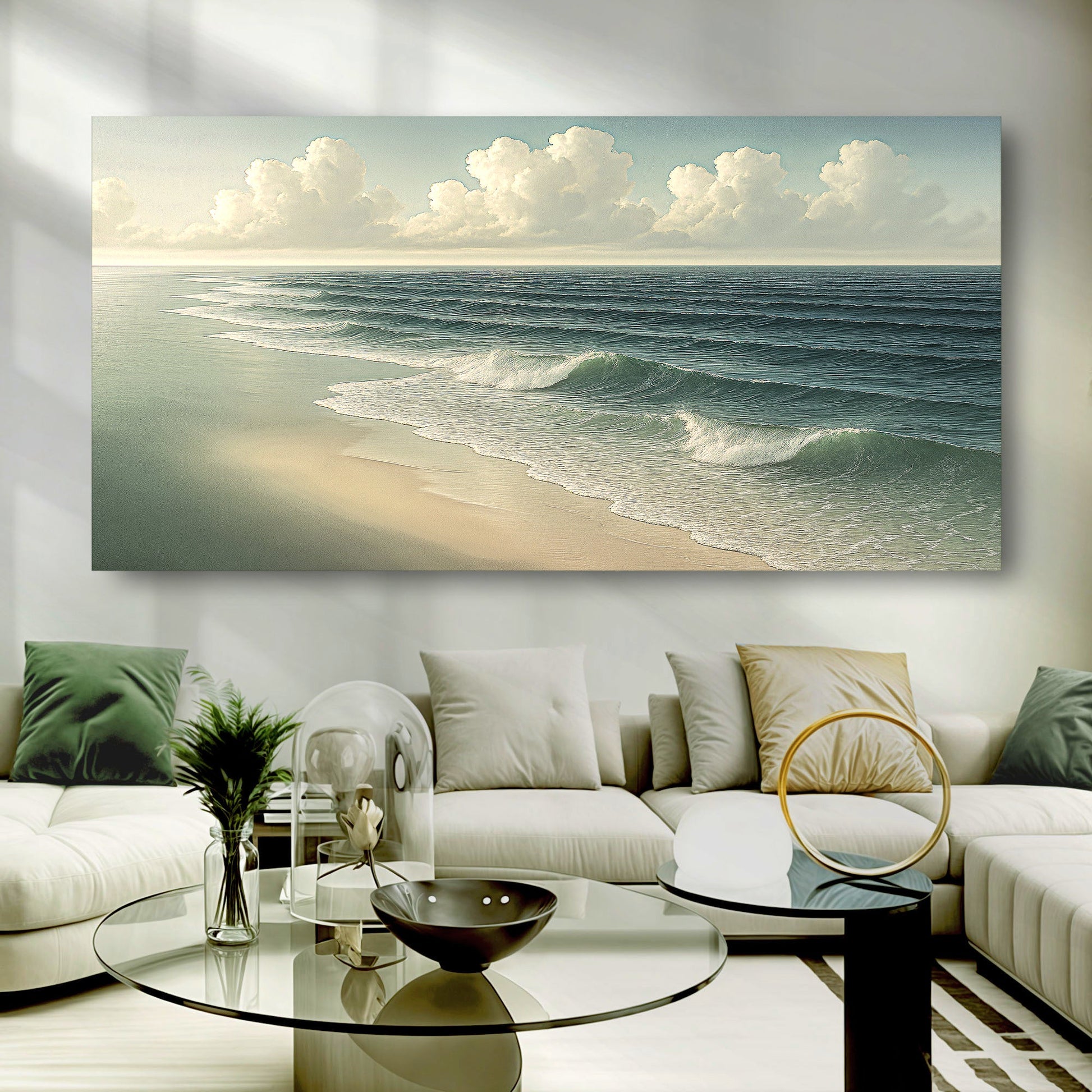 Beach shoreline canvas wall art showing ocean waves, sandy beach, and cloud-filled sky