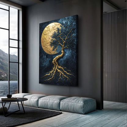 Tree of Life wall art canvas with gold moon and blue night sky, golden tree trunk