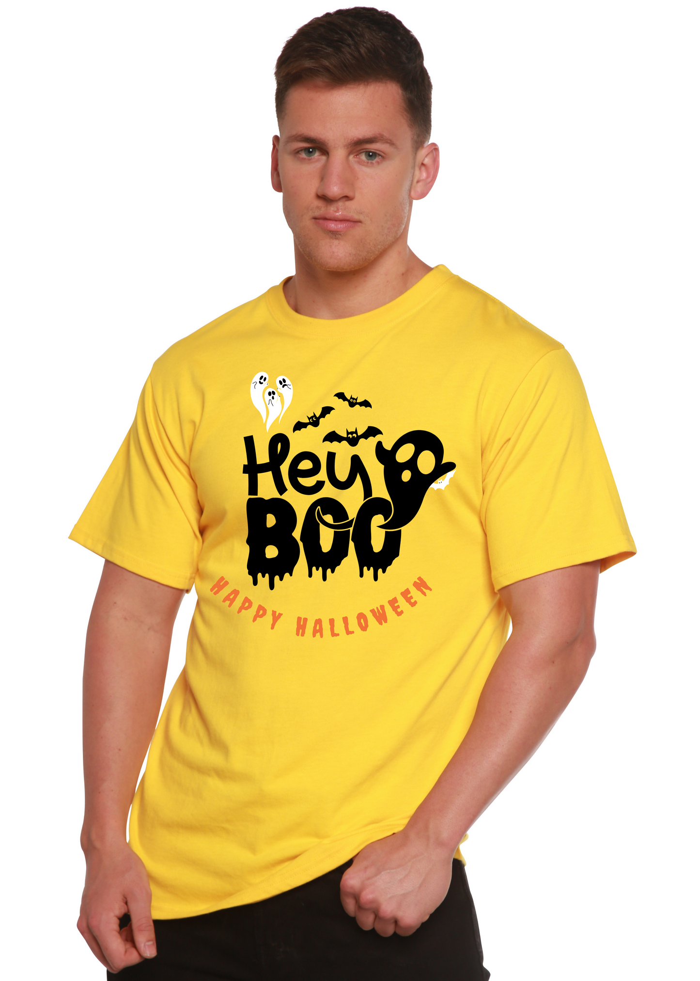Men's yellow graphic T-shirt with 'Hey Boo' Halloween text and ghost/bat print