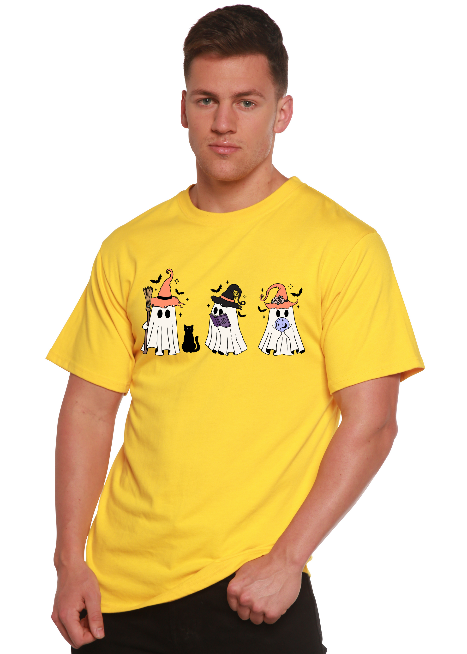 Men's short-sleeve T-shirt in yellow with cartoon Halloween costume graphic across chest