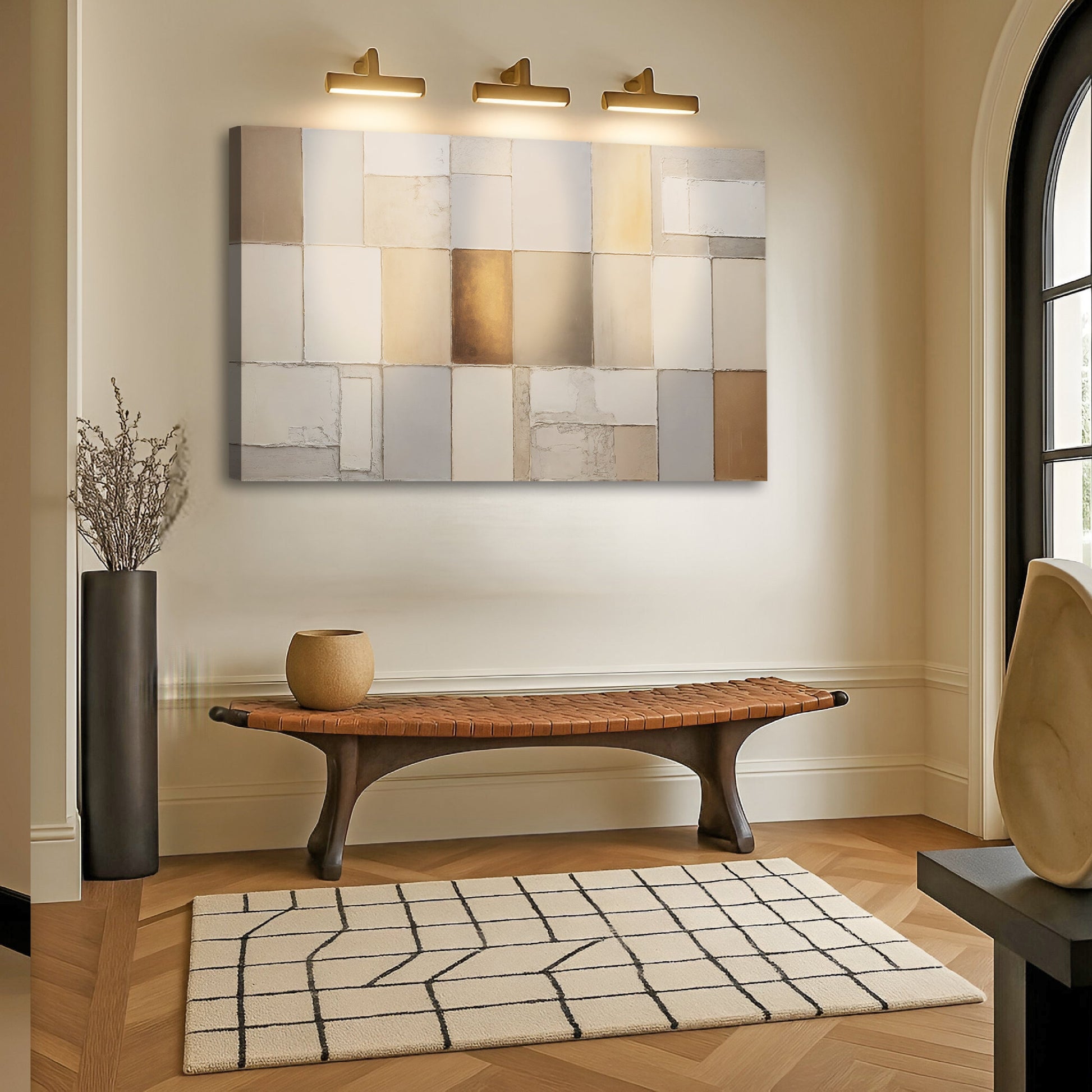 Geometric patchwork wall art featuring beige and gray blocks with a gold center square