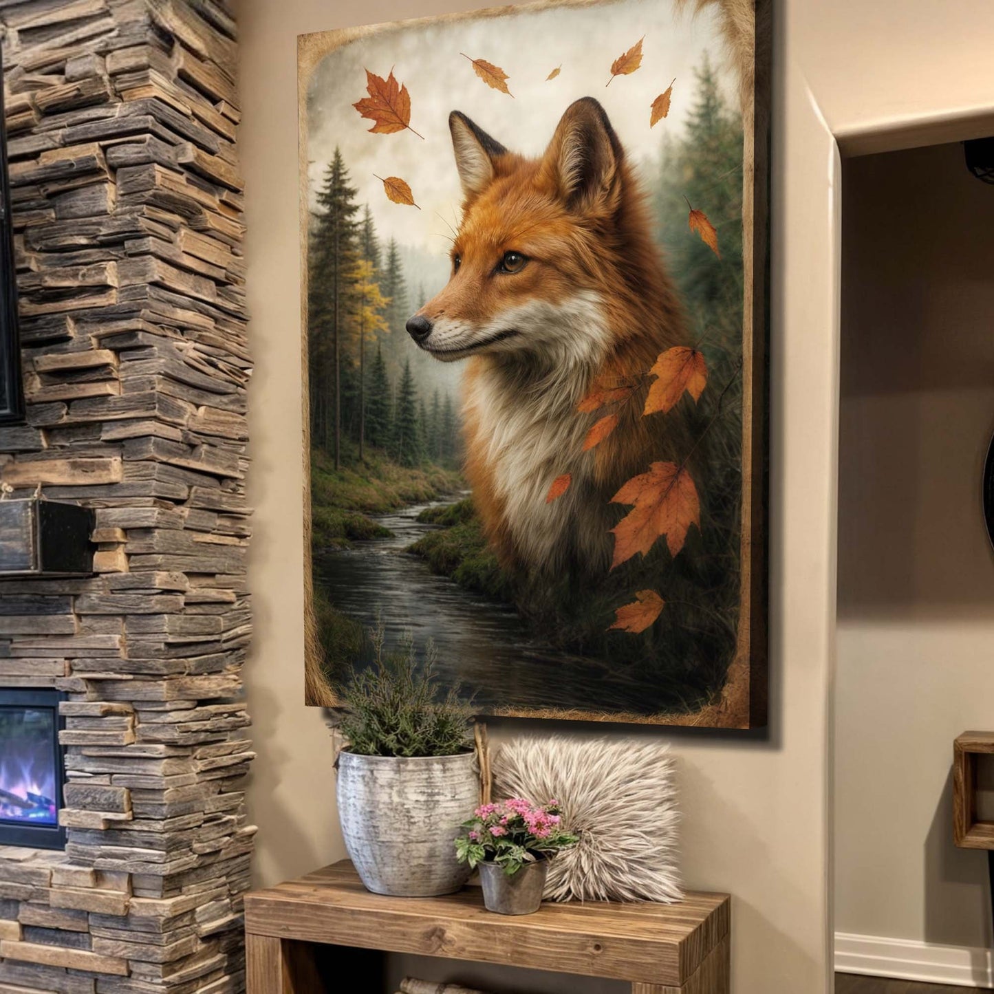 Autumn fox and forest canvas wall art with autumn leaves in a vertical frame