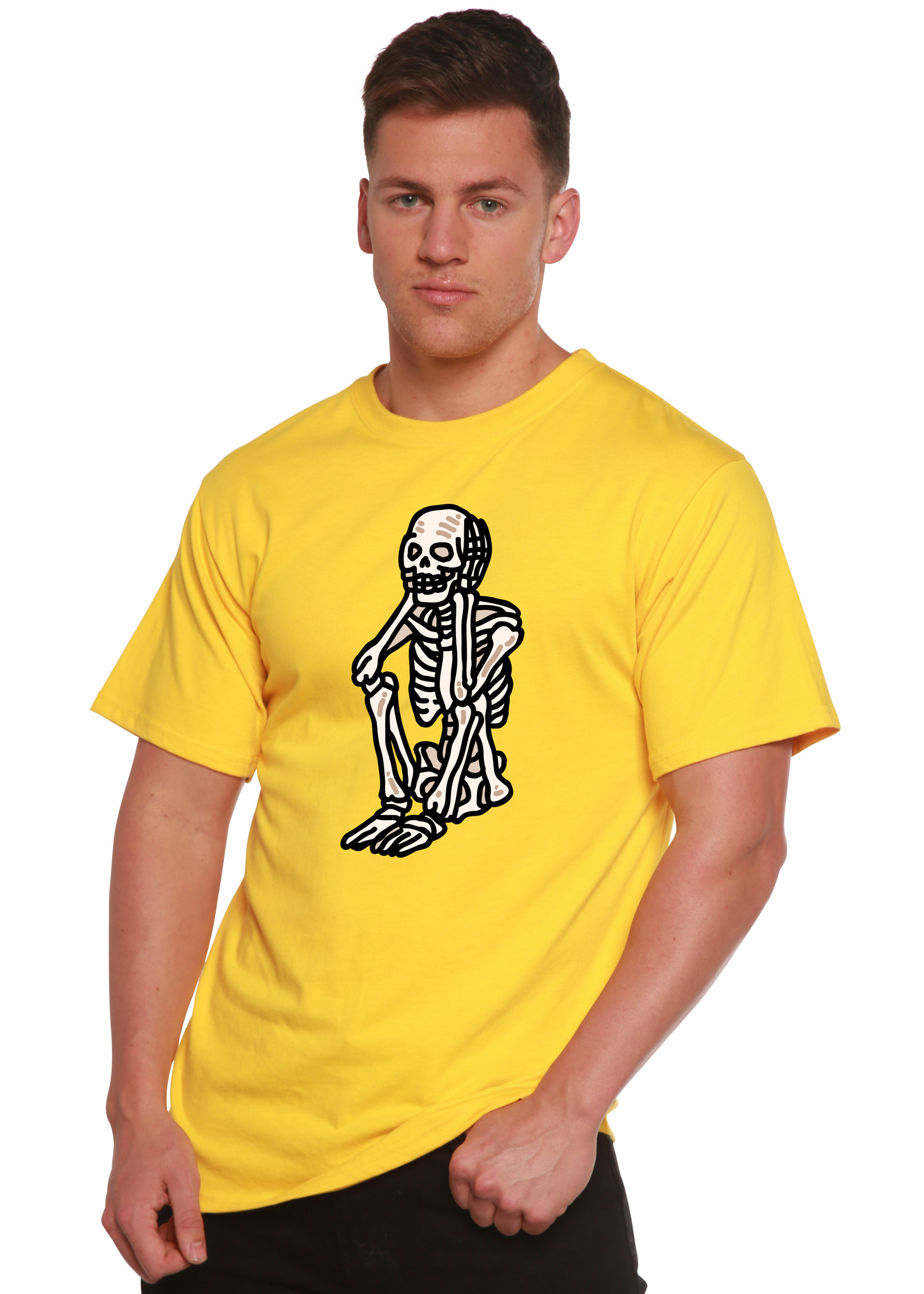 Yellow unisex graphic T-shirt with white skeleton standing print on chest.