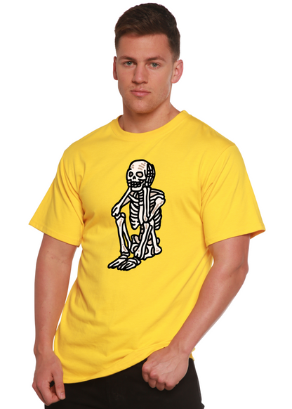 Yellow unisex graphic T-shirt with white skeleton standing print on chest.