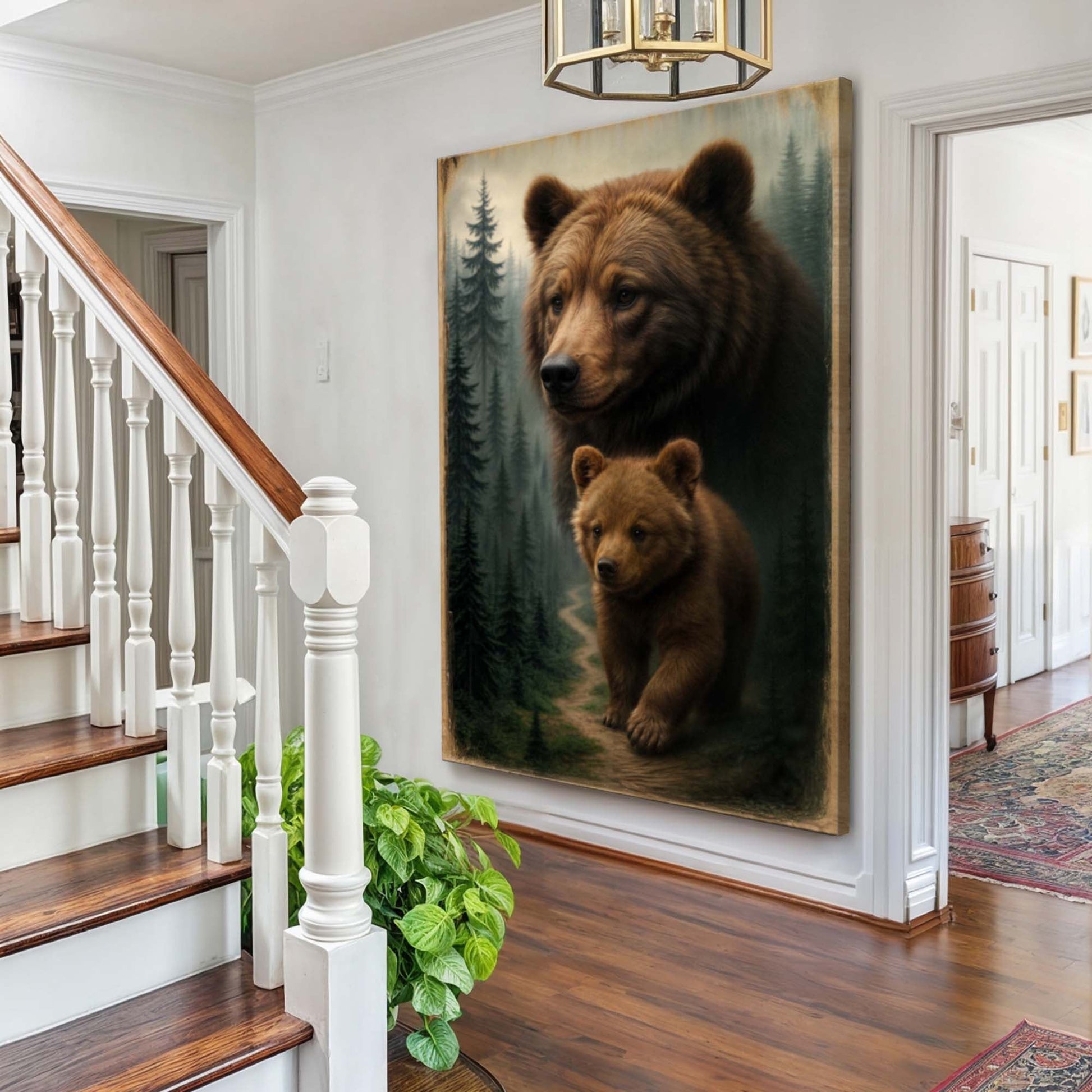 Bear and cub wall art canvas featuring a forest path in brown and green colors