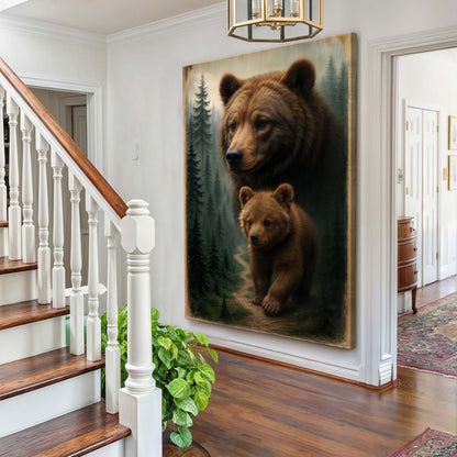 Bear and cub wall art canvas featuring a forest path in brown and green colors