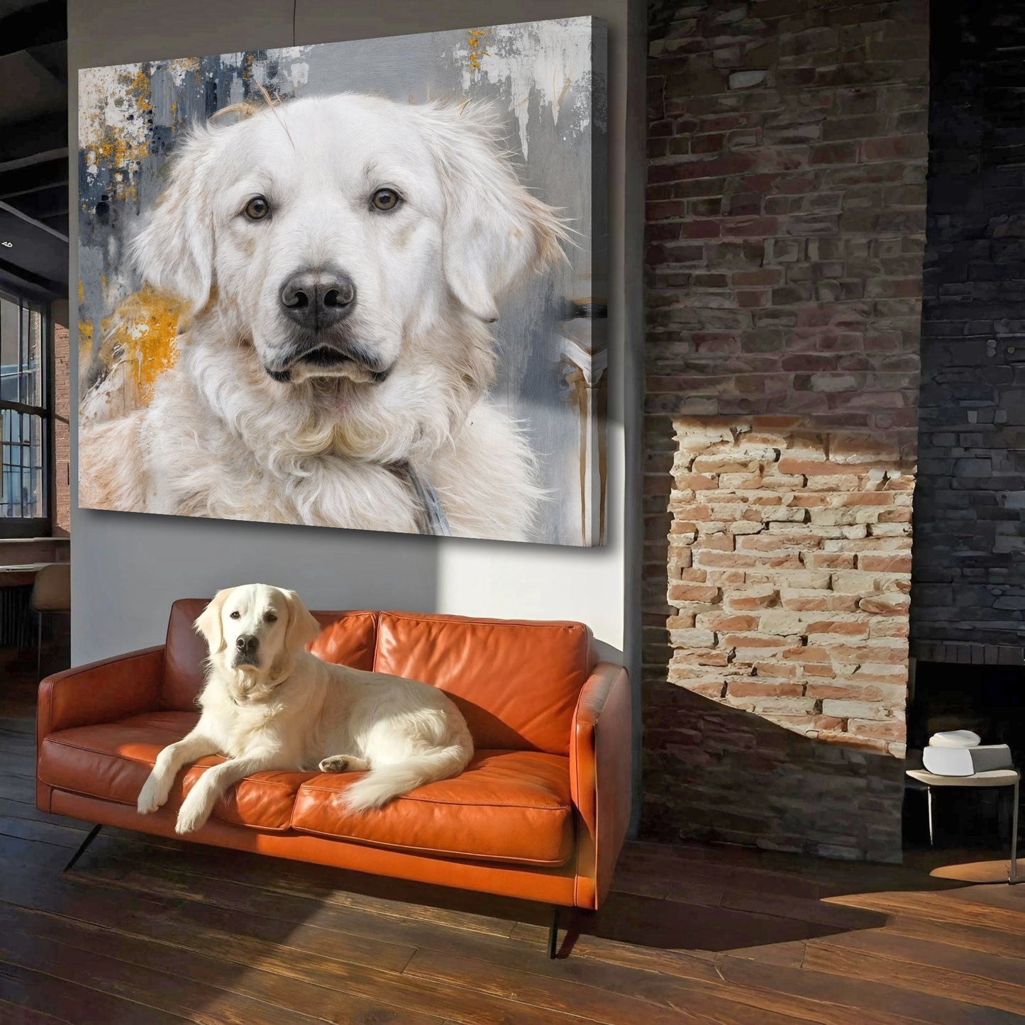 Abstract white dog portrait canvas in landscape with blue and gold splatter accents